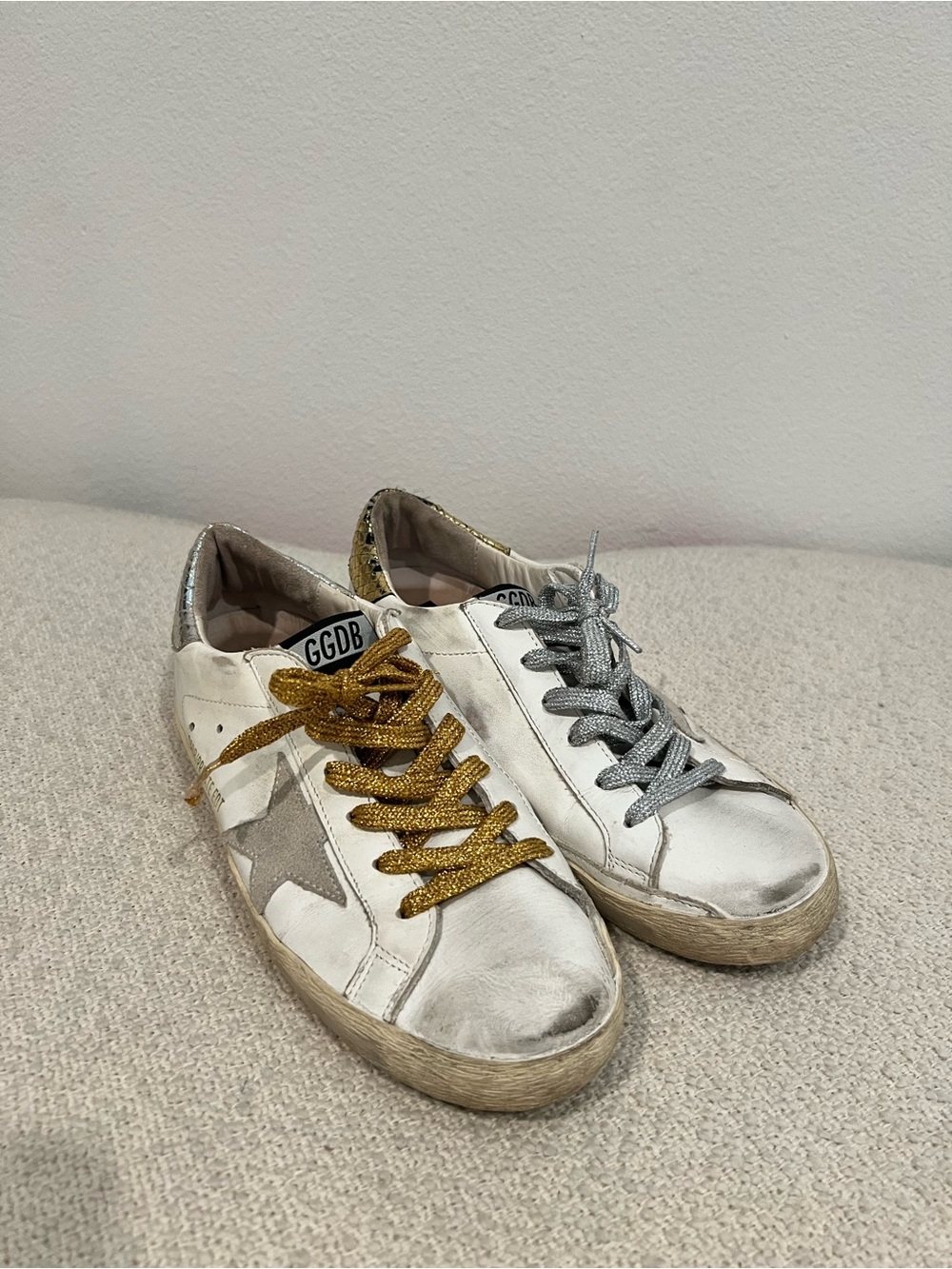 Golden Goose White Leather Superstar Sneakers with Gold & Silver Laces